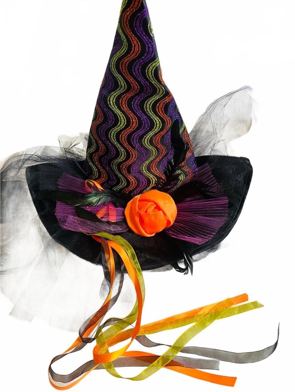 Colorful Halloween Witch Hat with Ribbons and Orange Flower